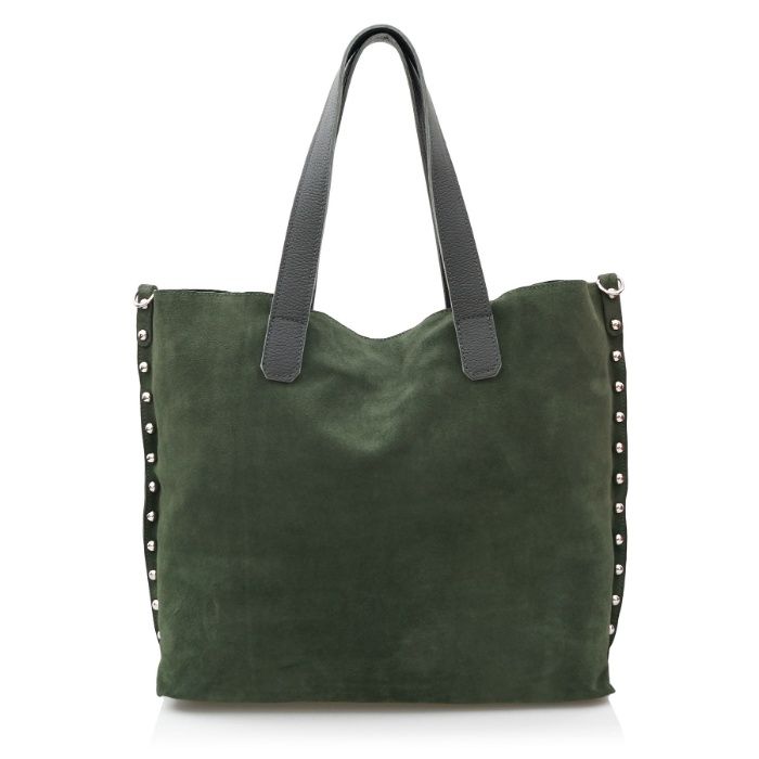 VERA PELLE torebka damska zamszowa shopper z ćwiekami V407 c.zielona