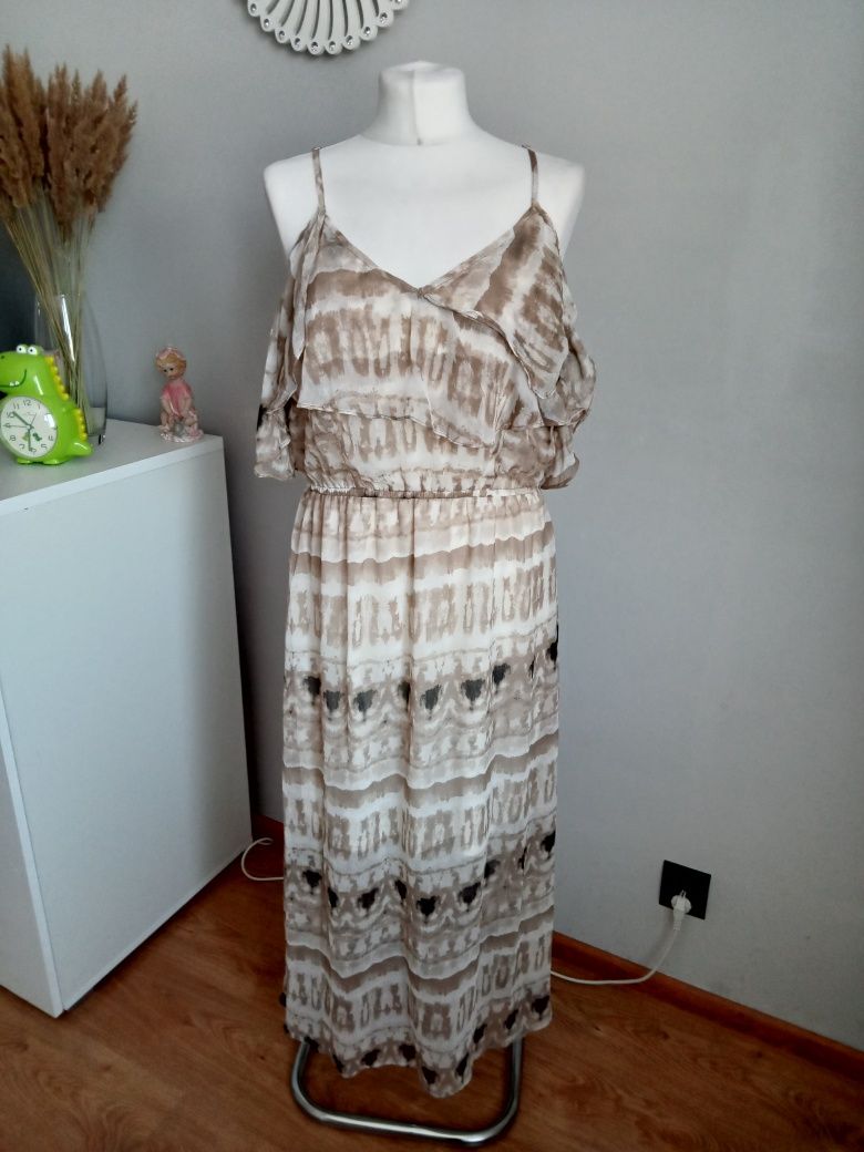 Sukienka midi maxi biało brązowa w stylu retro vintage