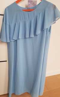 Sukienka Bialcon błękitna, krótki rękaw, falbanki 42