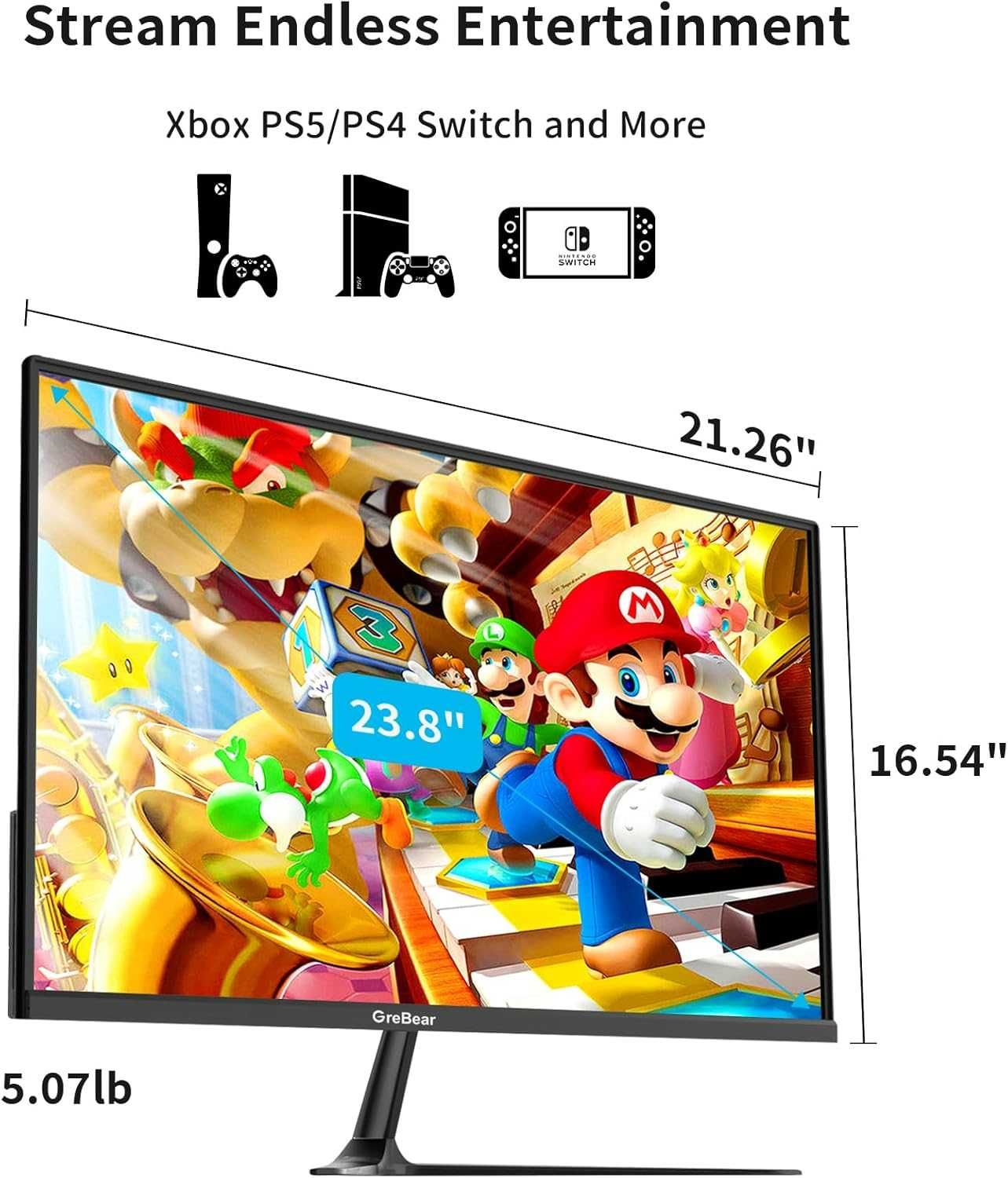 Monitor komputerowy ekran 24 cale NOWY GREBEAR REGULOWANY KĄT T10