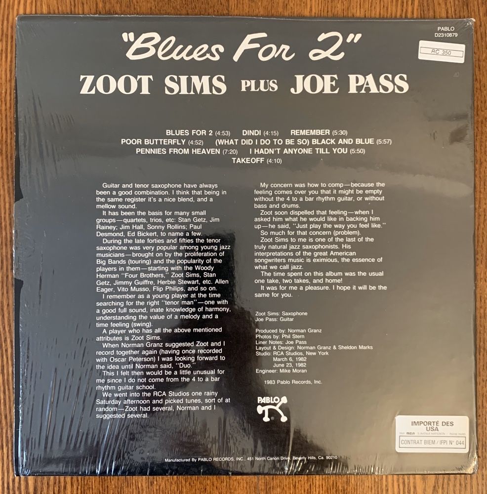Zoot Sims Plus Joe Pass ‎– Blues For 2, виниловый диск