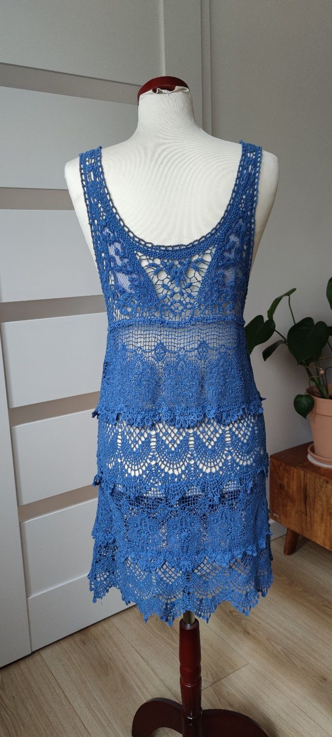 Niebieska koronkowa sukienka na lato letnia rozmiar uniwersalny S M L