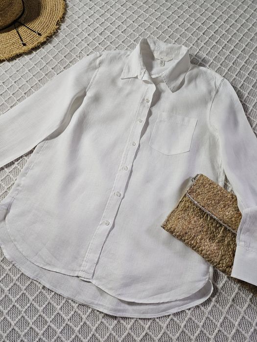 Белая льняная рубашка H&M р. S-Xs