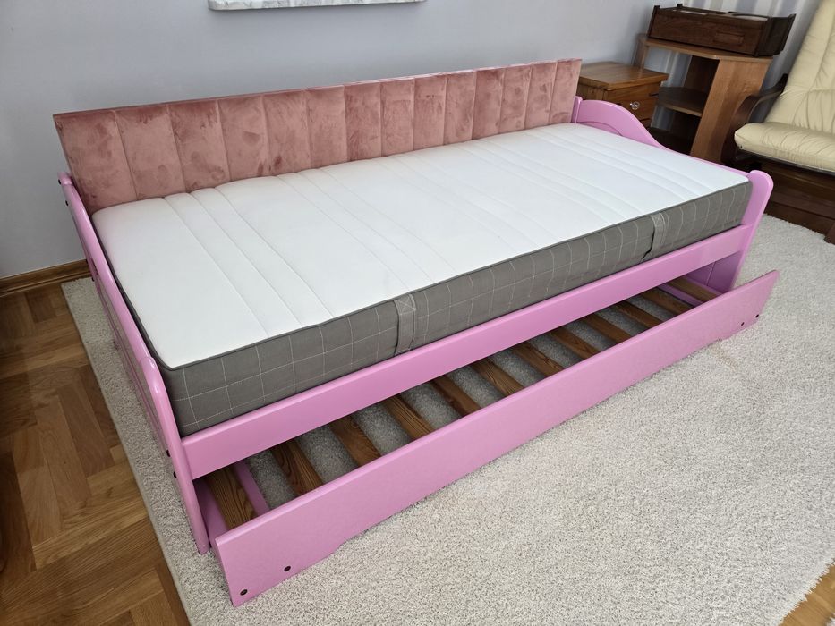 Łóżko dziecięce podwujne loft sosnowe różowe