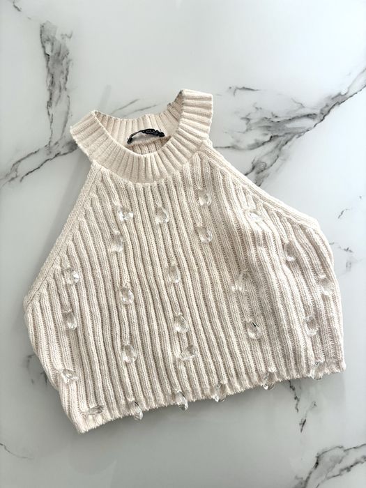 Top z dekoltem halter kremowy Zara rozmiar S