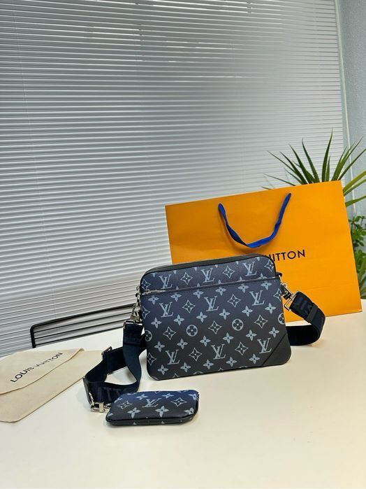 Louis Vuitton trio messenger сумка 3v1, 3в1 мужская синяя кожаная