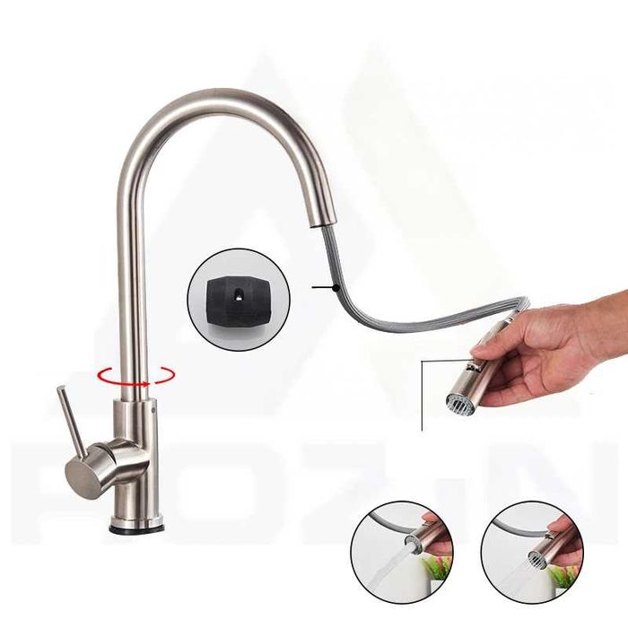 NOWA Srebrna Bateria Umywalkowa - Zmienny Strumień Wyciągany Wężyk