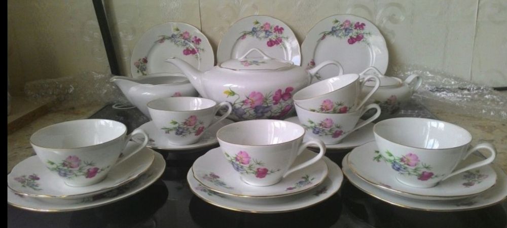 Новый антикварный чешский сервиз на 6 персон, костяной фарфор, деколь