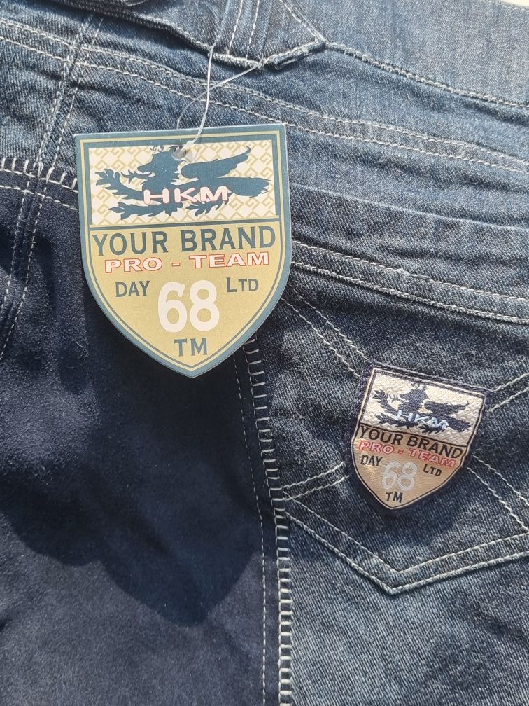 NOWE HKM spodnie do jazdy konnej bryczesy jeździecki denim pełny lej
