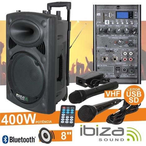Coluna Amplificada PA 8″ 400W USB/BT/SD/BAT VHF PRETA IBIZA