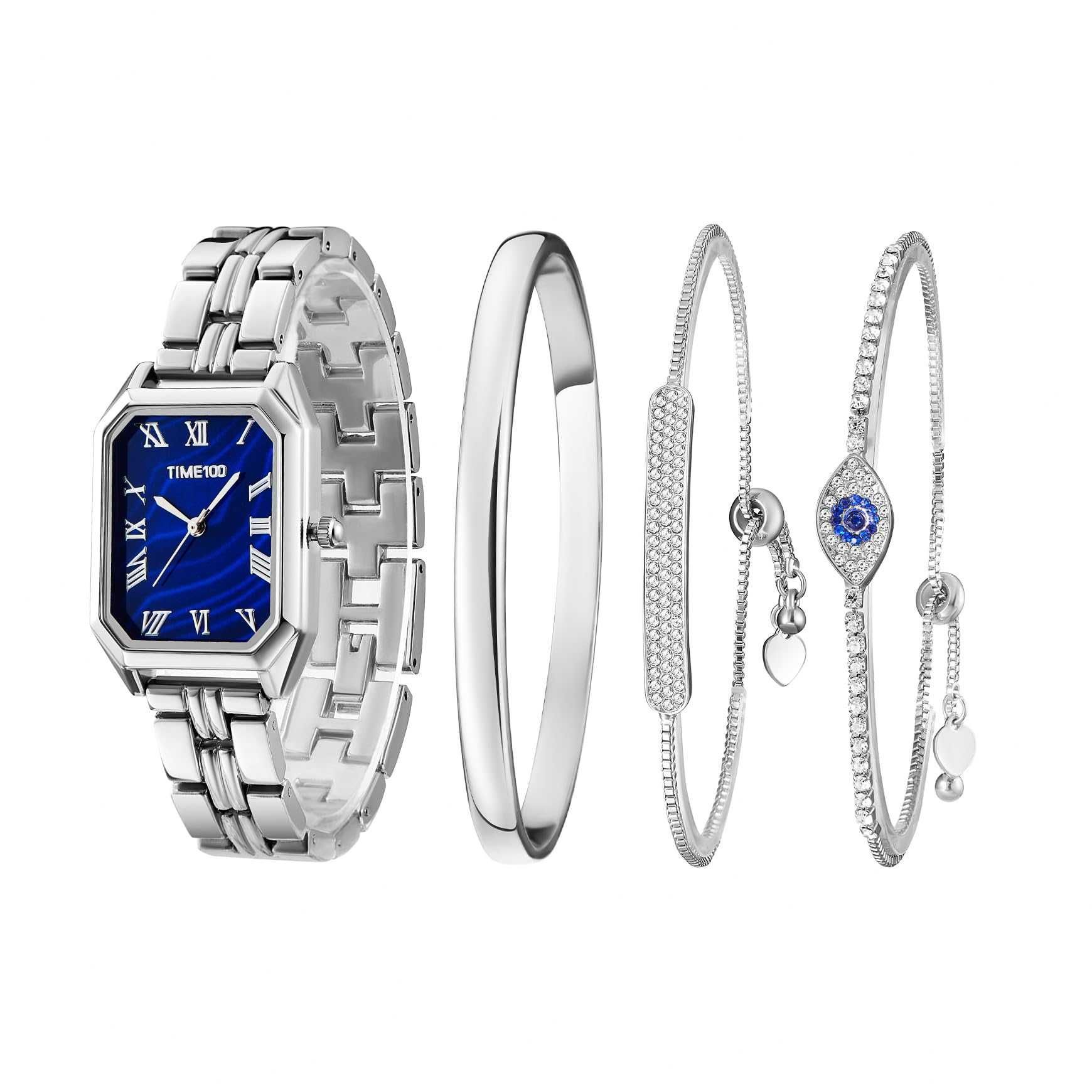 Zegarek damski TIME100 srebrny z bransoletkami elegancki komplet