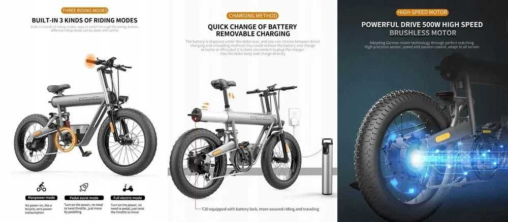 Rower elektryczny Coswheel T20+ 500W 20Ah 48V 45km/h zasięg 50-70km