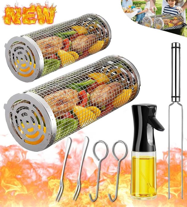 2 szt. koszy do grillowania warzyw, mięsa i rozpylacz oleju, widelce