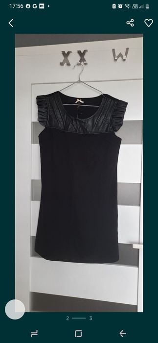 Sukienka beżowa ze skórzaną wstawką