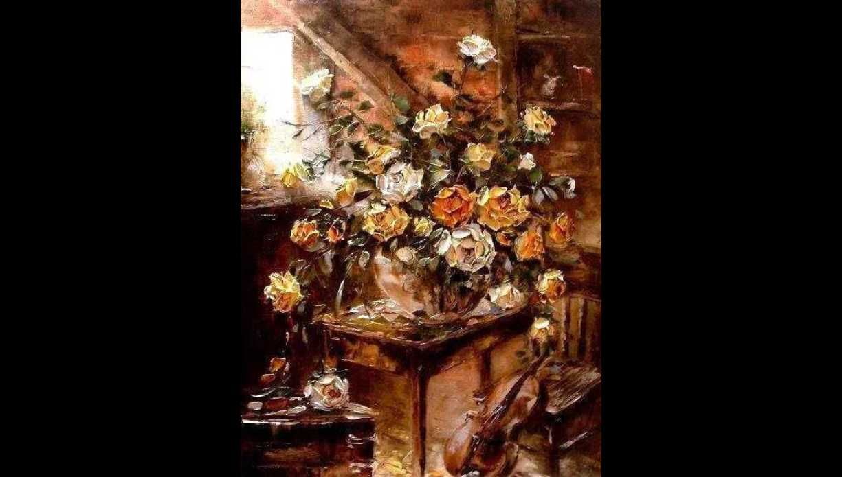 Kowalik - Kwiaty na poddaszu  obraz olejny 60x80cm róże
