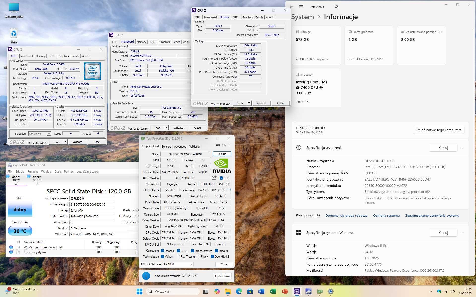 Komputer Intel i5 7400 8GB DDR4 GTX 1050 2GB WIFI SSD120 HDD500 Win11