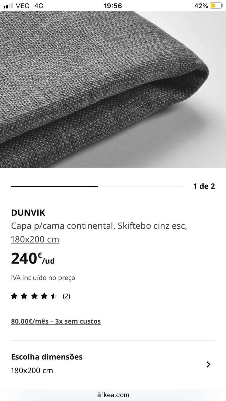 DUNVIK - Capa p/cama continental, Skiftebo cinza - 1,80 x 2,00 Metros