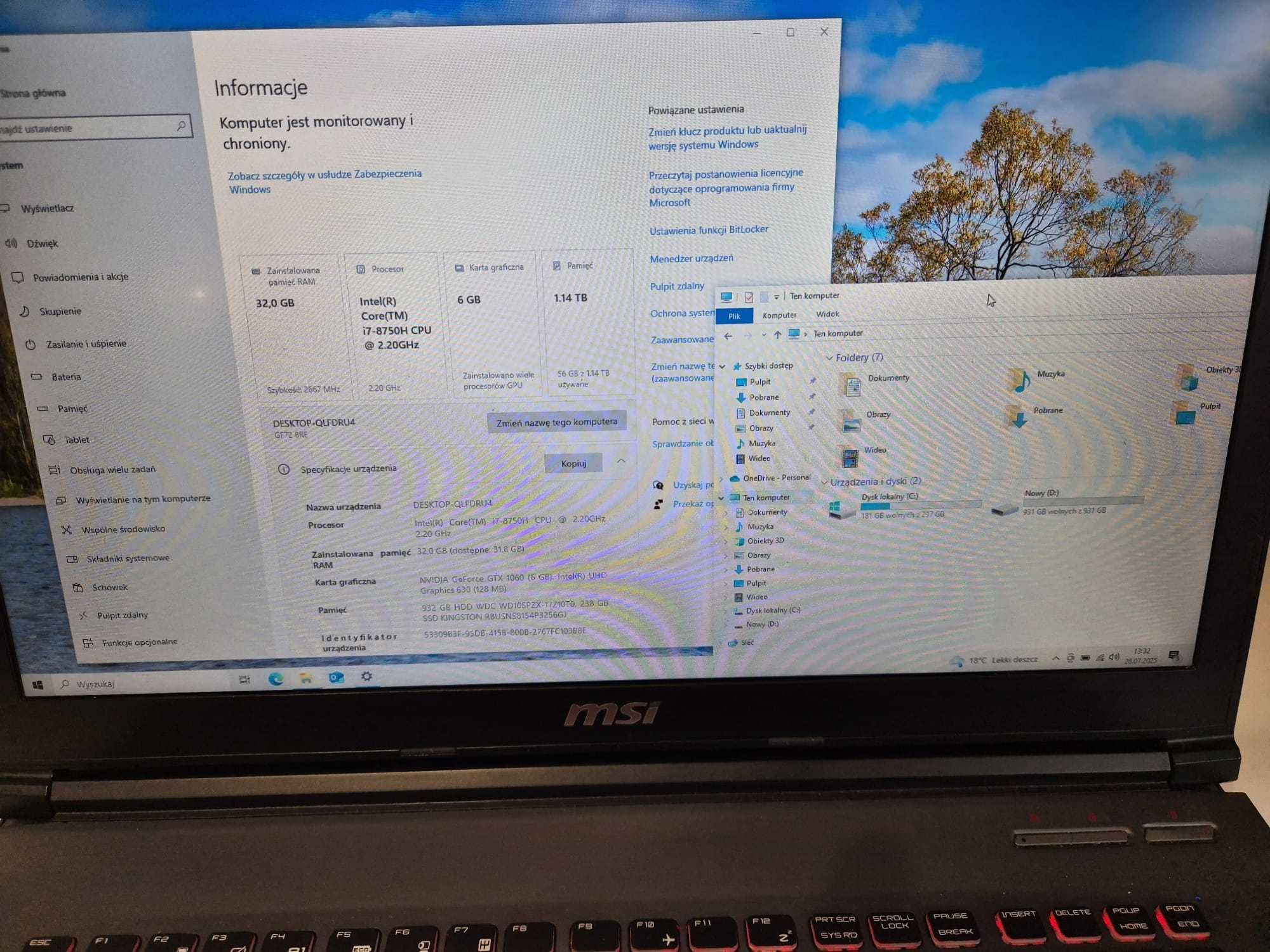 Laptop do gier MSI  i7 32GB Ram GTX 1060 6GB + Gratis 6GB 17 cali!