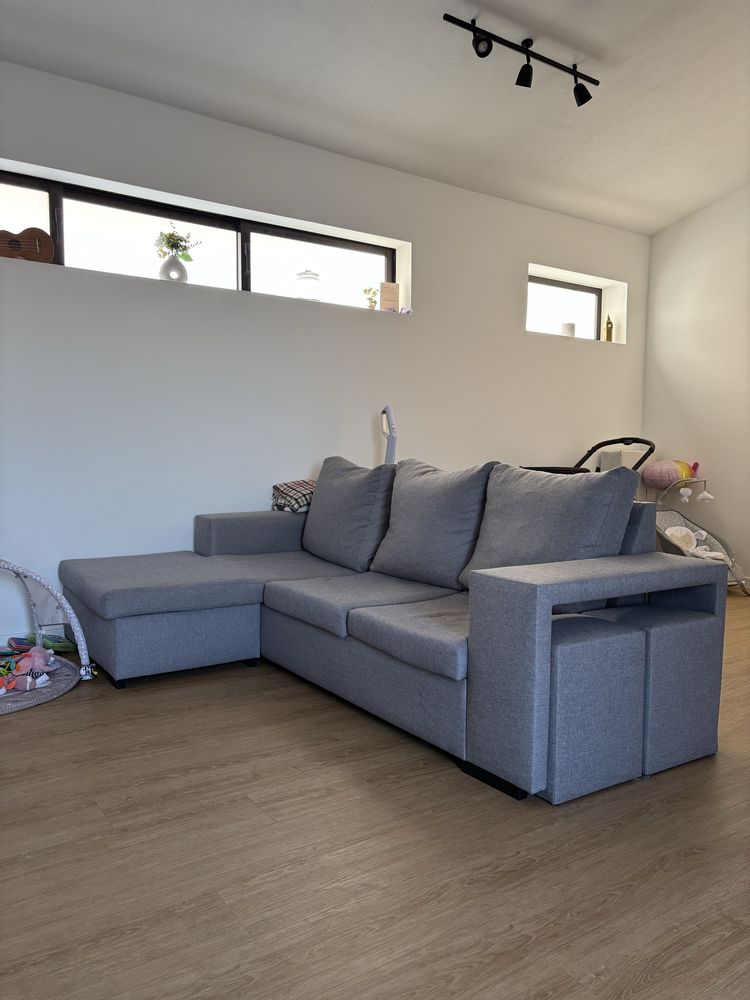 Sofá 3 Lugares com Chaise Longue e 2 Bancos