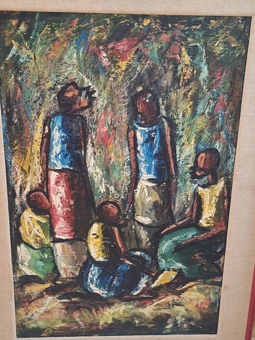 Quadro a óleo antigo motivos africanos