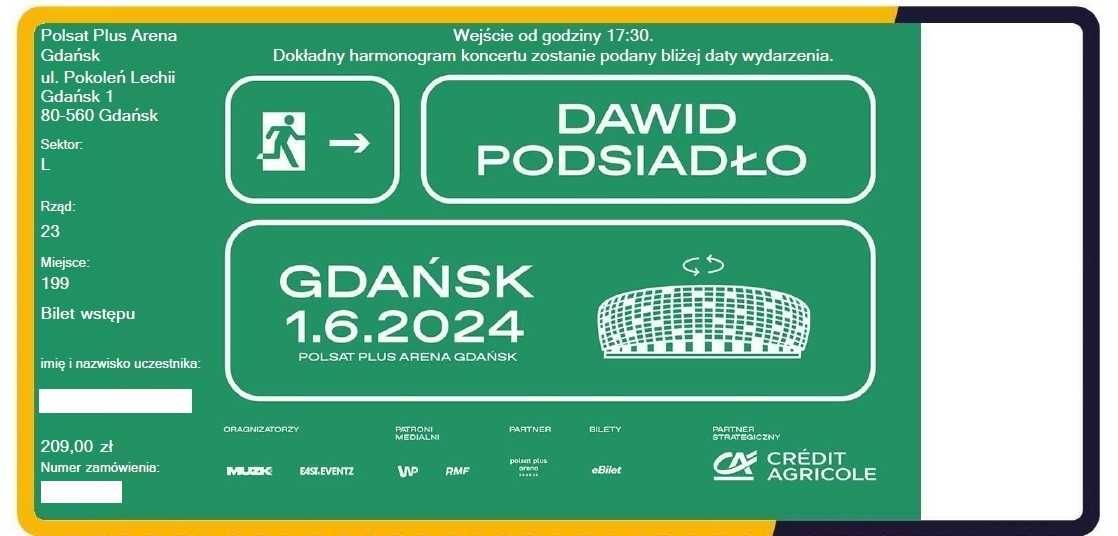 Bilet Dawid Podsiadło Gdańsk 01.06.2024