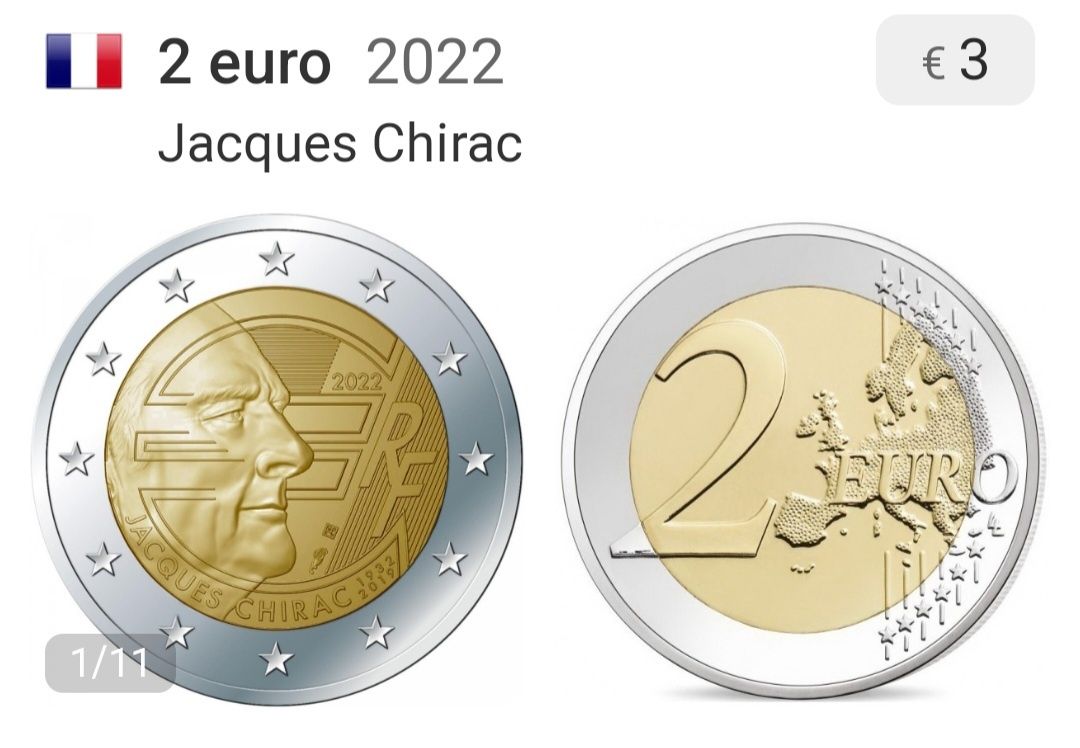 Moeda 2 euros Jacques Chirac, França 2022
