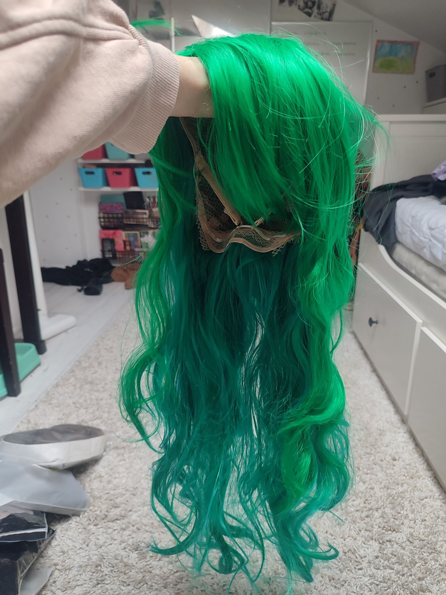 Peruka z grzywką WIG cosplay ombre sombre zielona turkusowa