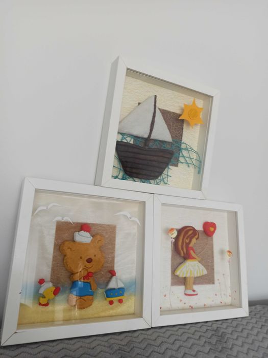 Obrazki 3D rzeźby w ramkach do pokoju dziecięcego duże 3 sztuki