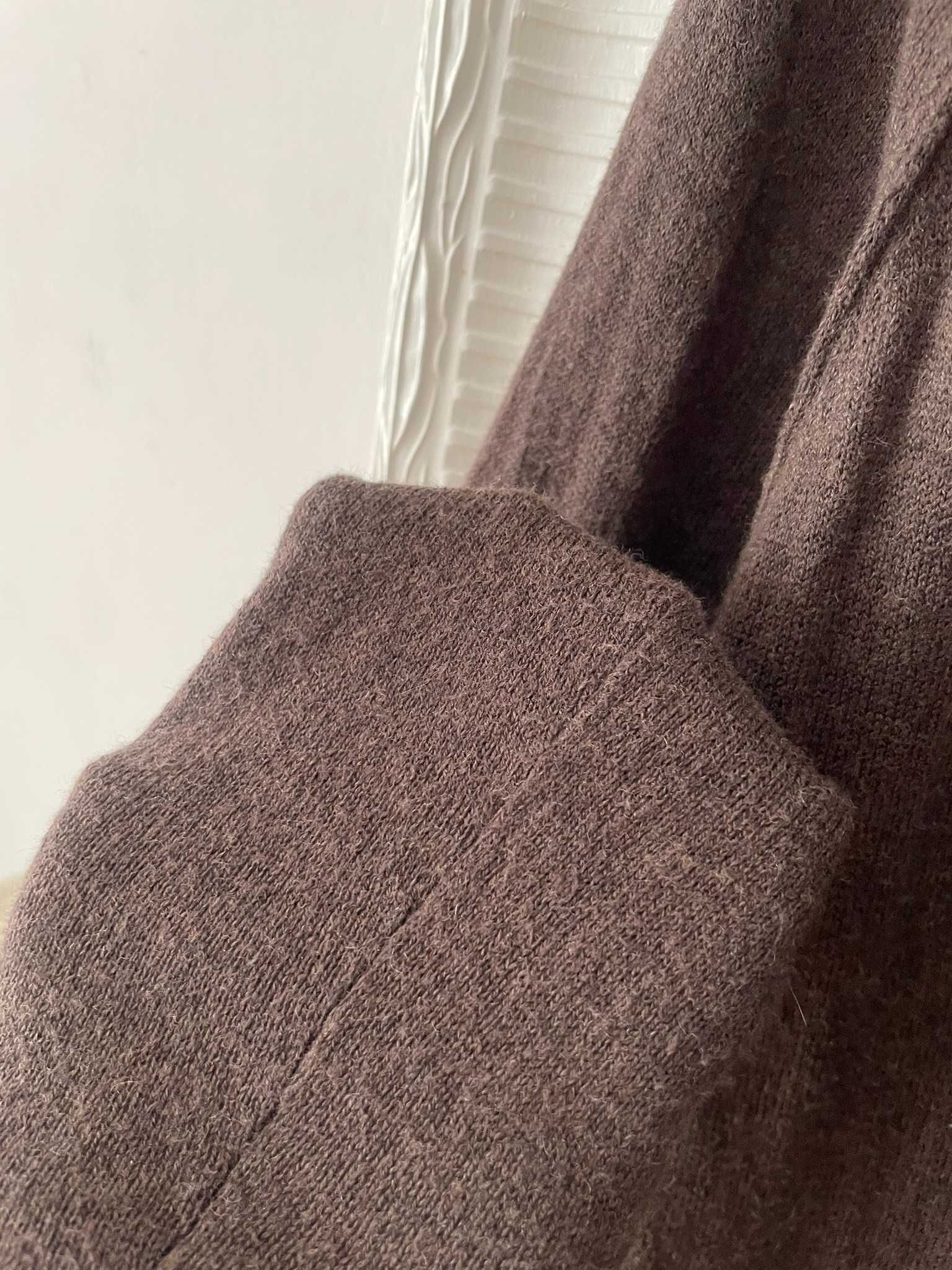 Sweter brązowy kardigan guziki kieszenie 30% wełna bawełna S 36 M 38