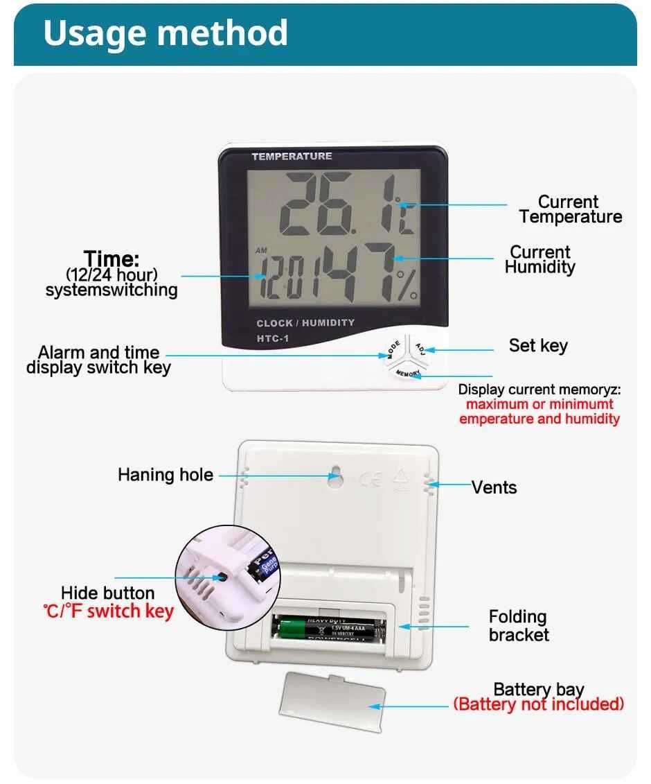 Medidor Digital Humidade, Temperatura e Relógio Higrómetro Termómetro