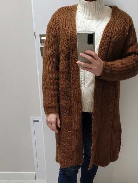 Brązowy, grubszy kardigan / sweter z rozcięciami po bokach, XL (42)