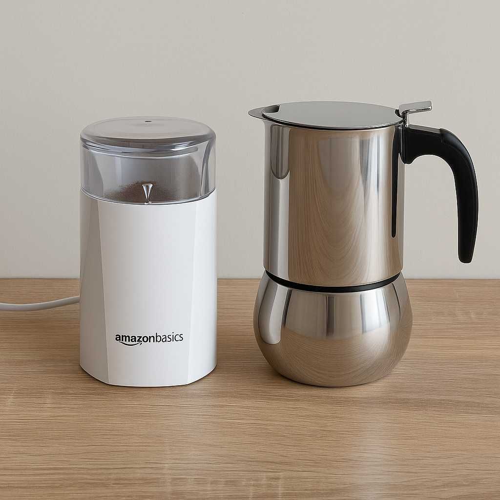 Електрична кавомолка AMAZON BASICS, гейзерна кавоварка BIALETTI 4883