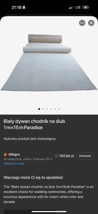 Biały dywan do kościoła 15m. Ślub.