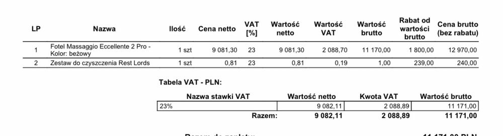 Fotel masujący massaggio eccelente  2 PRO