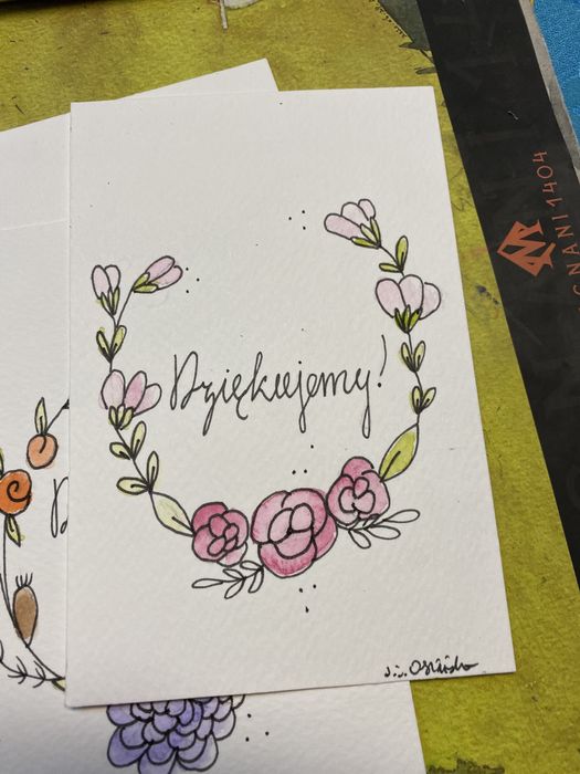 Kartka okolicznościowa wianek kwiaty różowe podziękowania boho napis
