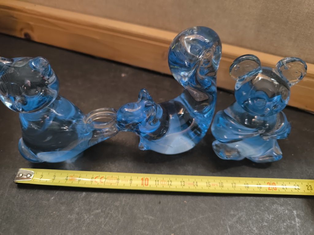 3 Figurines Vidro Azul - Gato, Esquilo, Rato