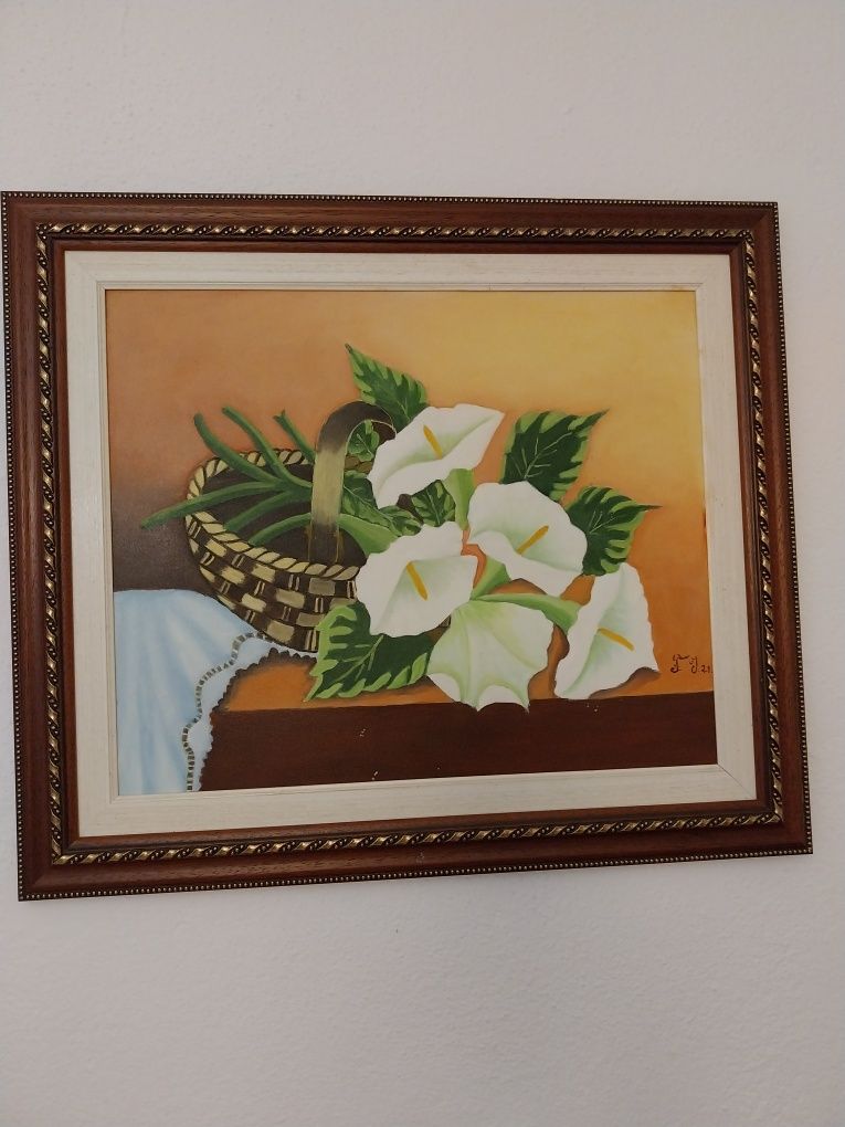 Quadro pintura à mão.  Tema: jarros em cesta