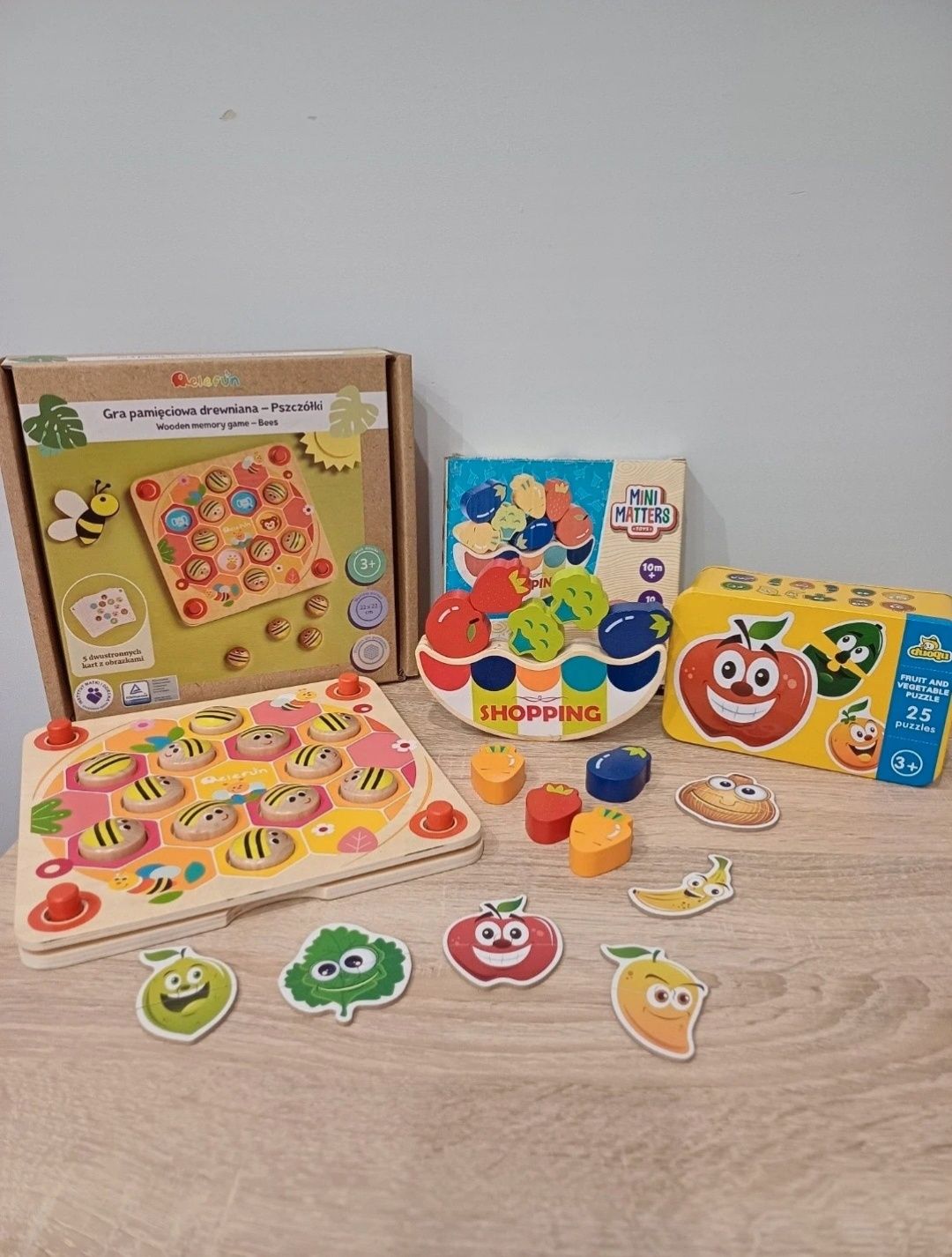 Drewniany zestaw Montessori,memory, drewniane puzzle owoce i warzywa,p