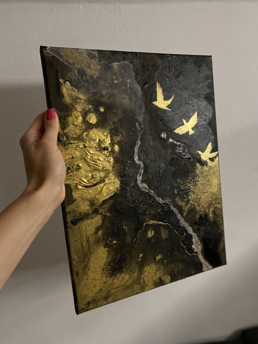 Złoty obraz w stylu glamour , malowany akrylem