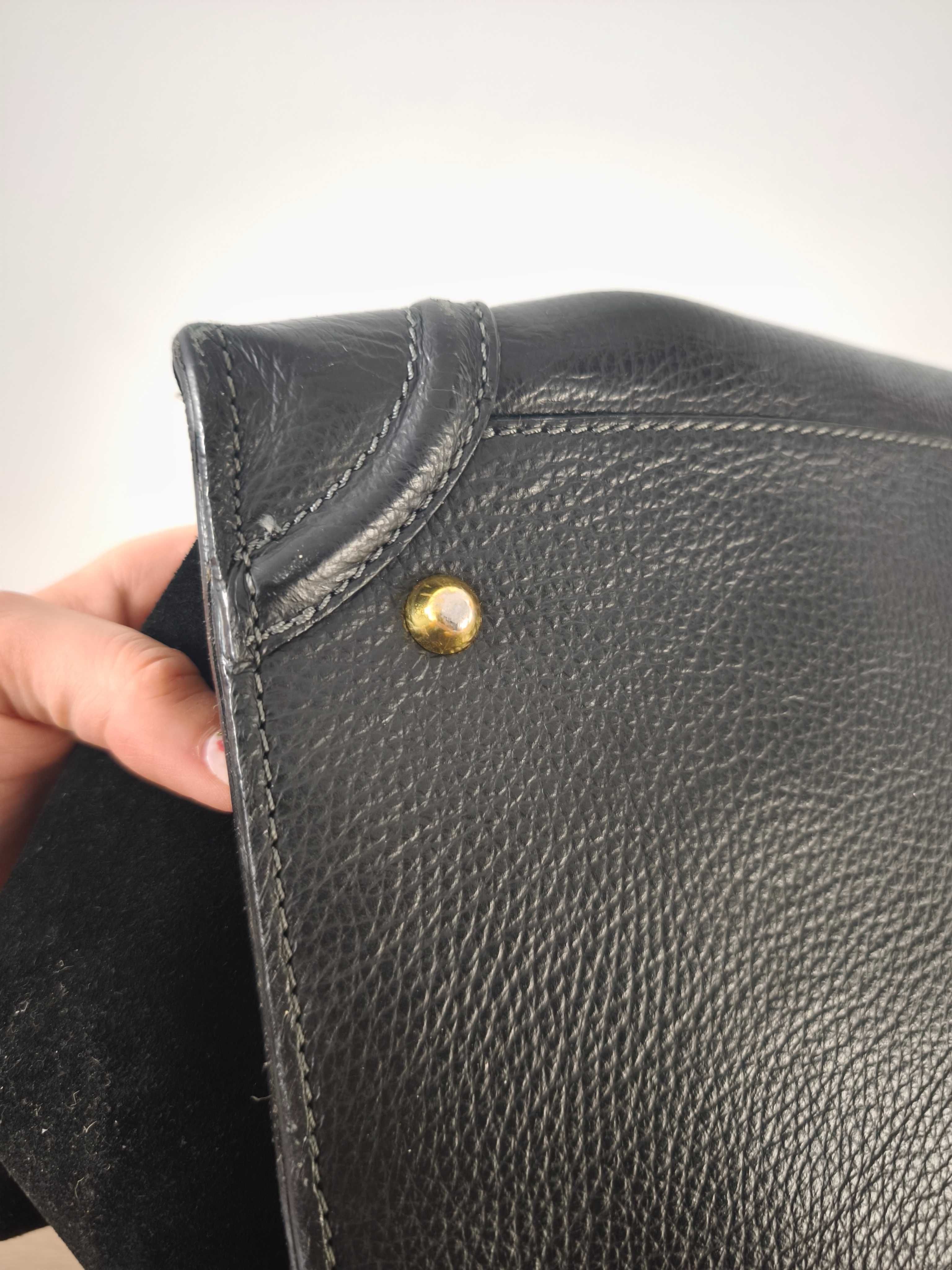 Skórzana torba shopper czarna skóra + zamsz premium trapez duża