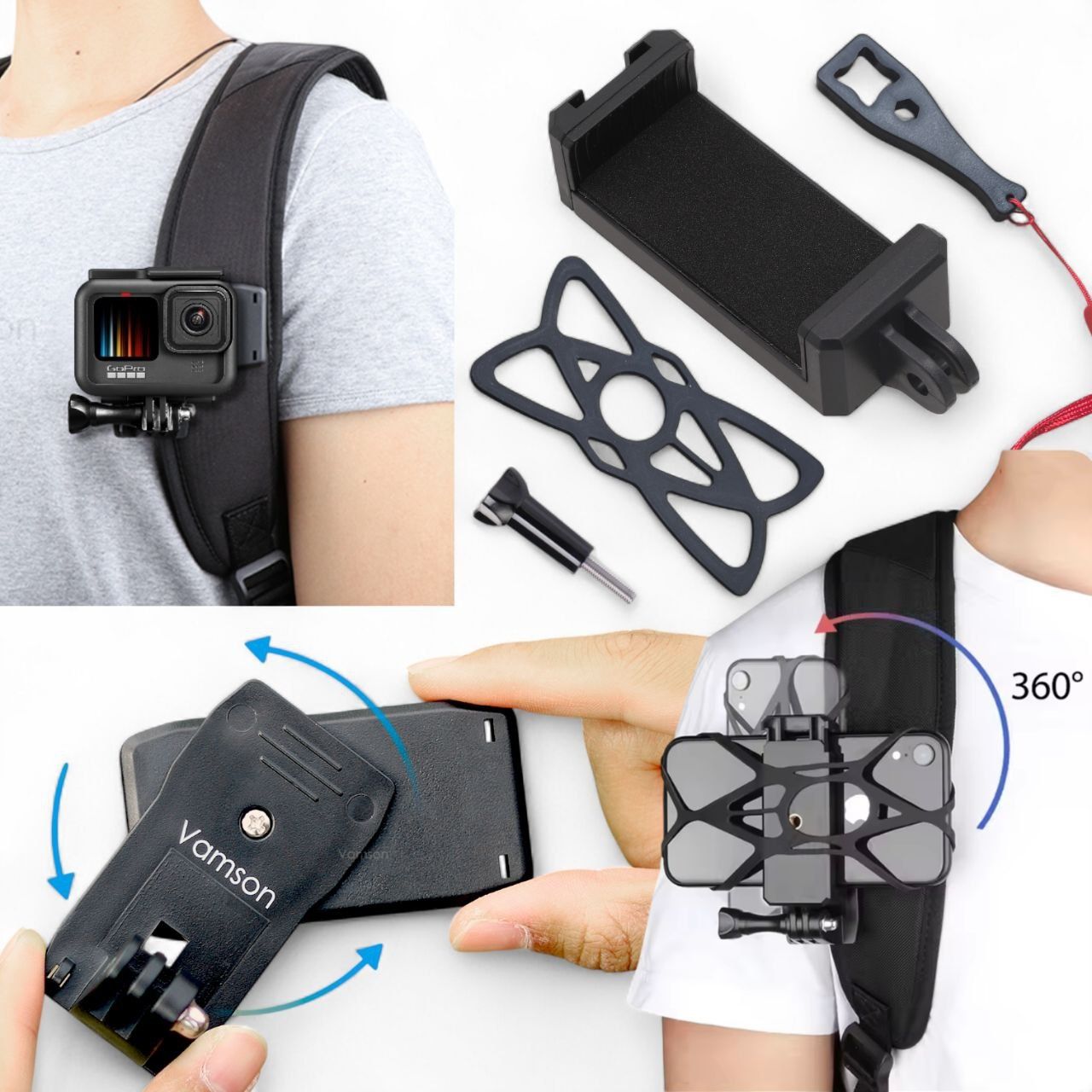Крепление для экшн камер и смартфона Клипса на рюкзак для GoPro, Sony