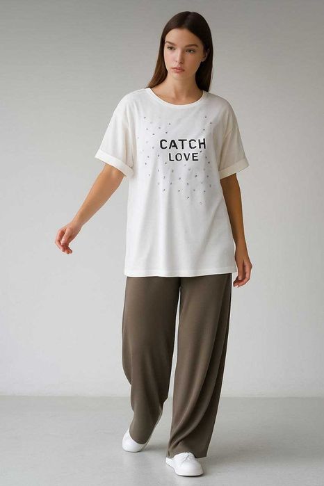 Белая футболка свободного кроя с бусинами в принт Kiabi, р.  4XL/5XL