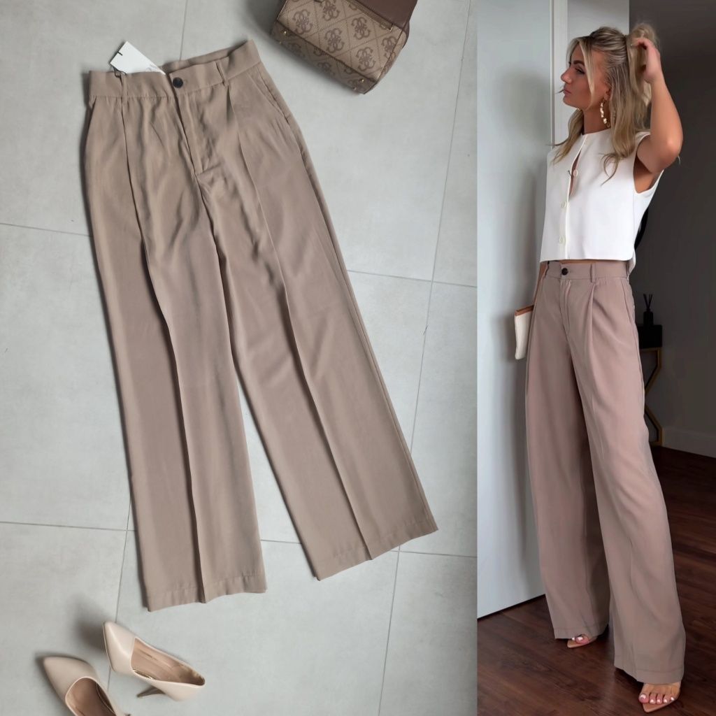 Zara spodnie xs 34 szeroka nogawka wysoki stan mokka brązowe
