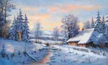 Obraz olejny na płótnie 100x60 cm "Chata na wsi zimą"