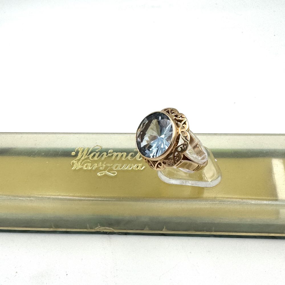 Złoty pierścionek Warmet Koronka błękitny kamien cudo unikat