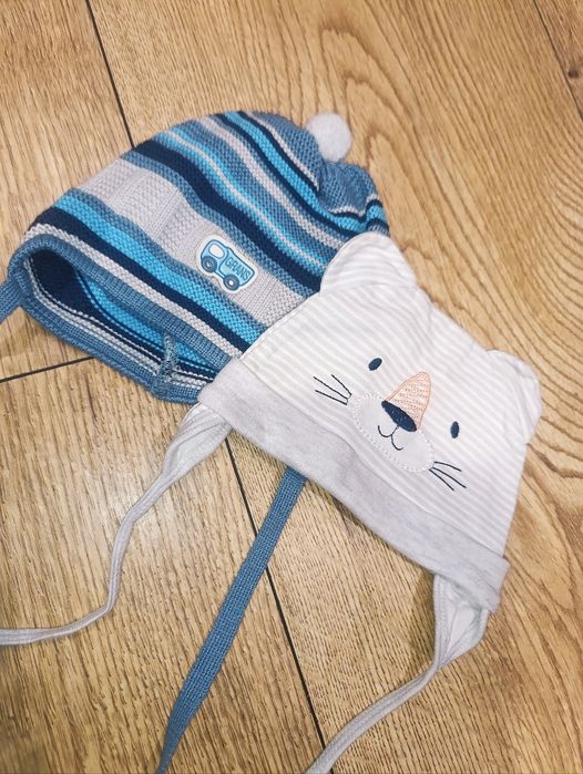 Zestaw 2x czapka z wiązaniem szara niebieska | 46cm 3-6msc