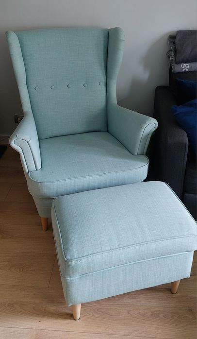 IKEA Strandmon fotel uszak i podnóżek kolor miętowy turkusowy czysty