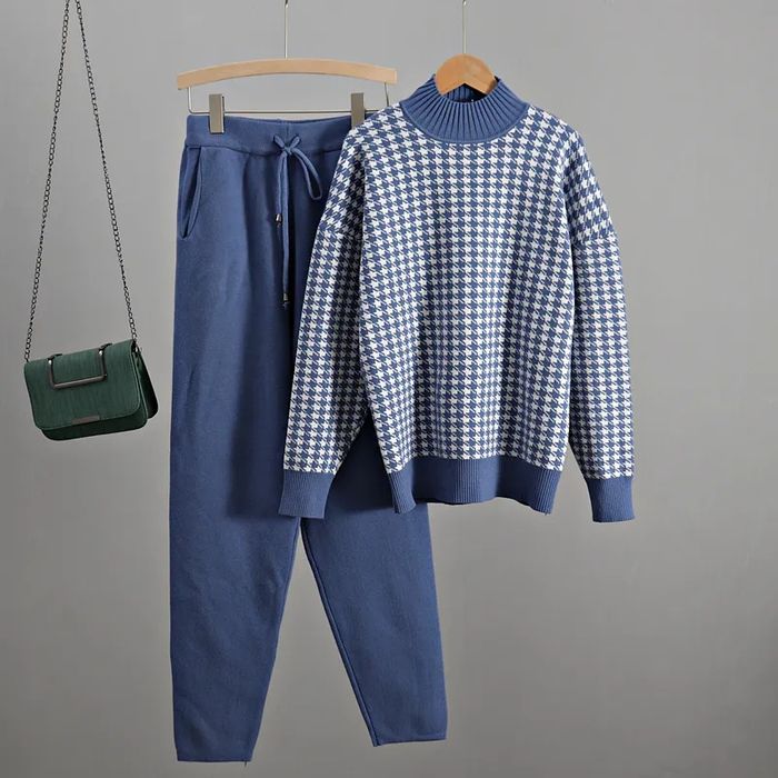 Теплий в'язаний костюм весняний синій принт гусяча лапка Весняна знижк