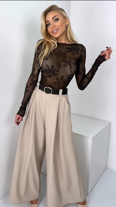 Beżowe spodnie szerokie nogawki z paskiem Varlesca chicaca S M L XL