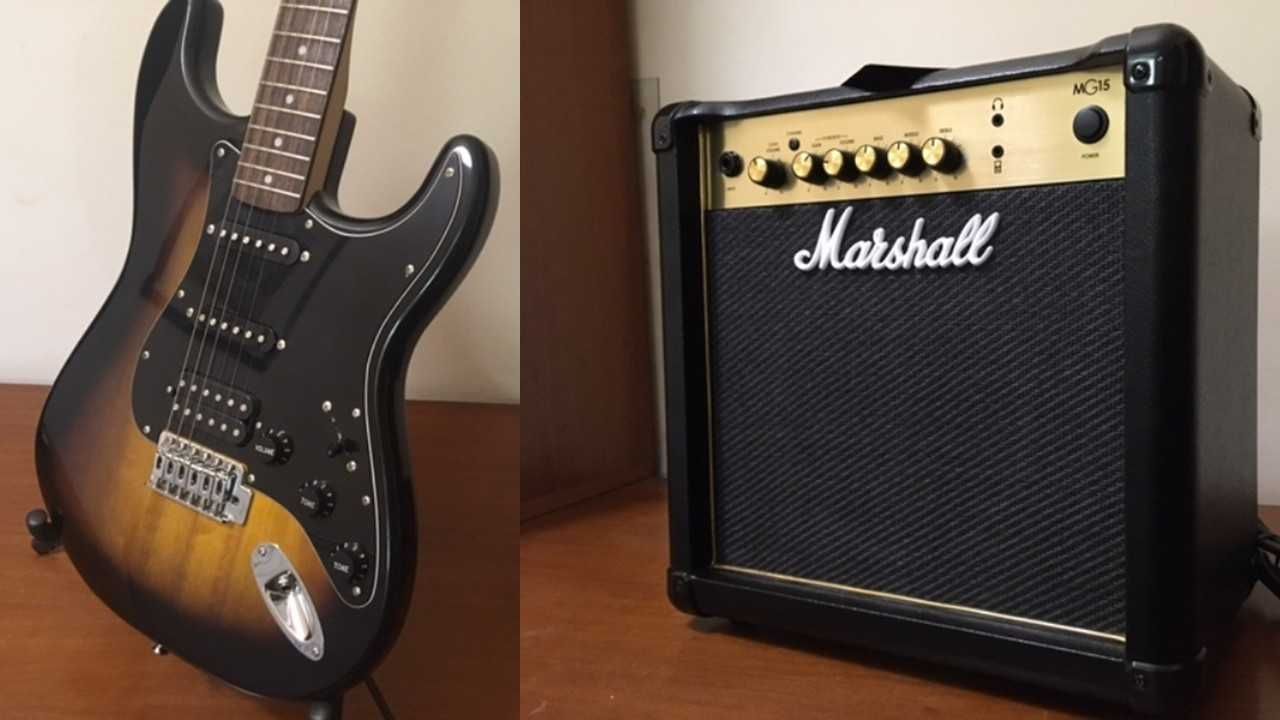Guitarra e amplificador de qualidade em estado novo